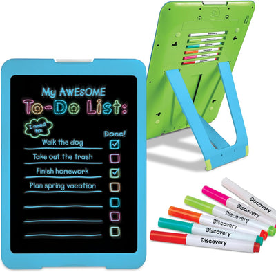 Neon Glow Drawing Easel w/ 6 Color Markers, Built-in Kickstand, Wall Mount, 5 Light Modes, Easy Clean/Washable, Wide Screen, Flat Storage, Portable Travel Activity, Electronic Activity