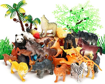 Animal Figurines Toys, 52 Pcs Small Mini Realistic Safari Zoo Plastic Animals Figures Learning Educational Toy Set for Kids Toddlers Jungle Wild Forest Animals Playset Cupcake Topper