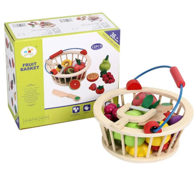 Wooden Fruit Basket Play Set with Magnetic Vegetables, Simulation Kitchen Toy for Kids