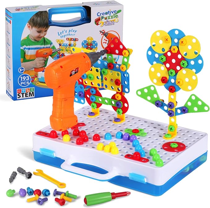 DIY Creative Mosaic Drill Set for Kids, 193 Pieces STEM Drill Toys Kit, Construction Engineering Building Blocks Learning Kit for Ages 3-10 Years Old, Creative Games & Fun Activity