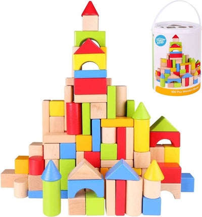 Wooden Blocks, 100 Pcs - Building Blocks for Toddlers, Includes Storage Container with Shape Sorter Top, Hardwood Plain & Colored Wood Blocks, Preschool Block Learning Toys