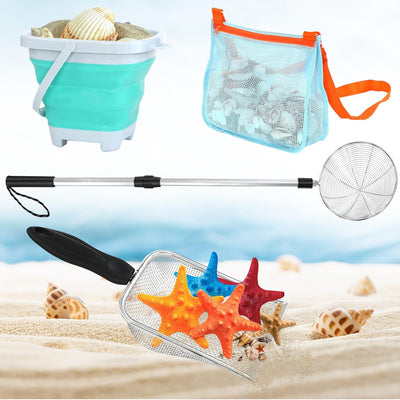 Shark Tooth Sifter, Beach Sand Sifter, Sea Shell Scooper for Beach, Shell Bags & Foldable Bucket, Sand Beach Toys for Kids 6 8 10 12