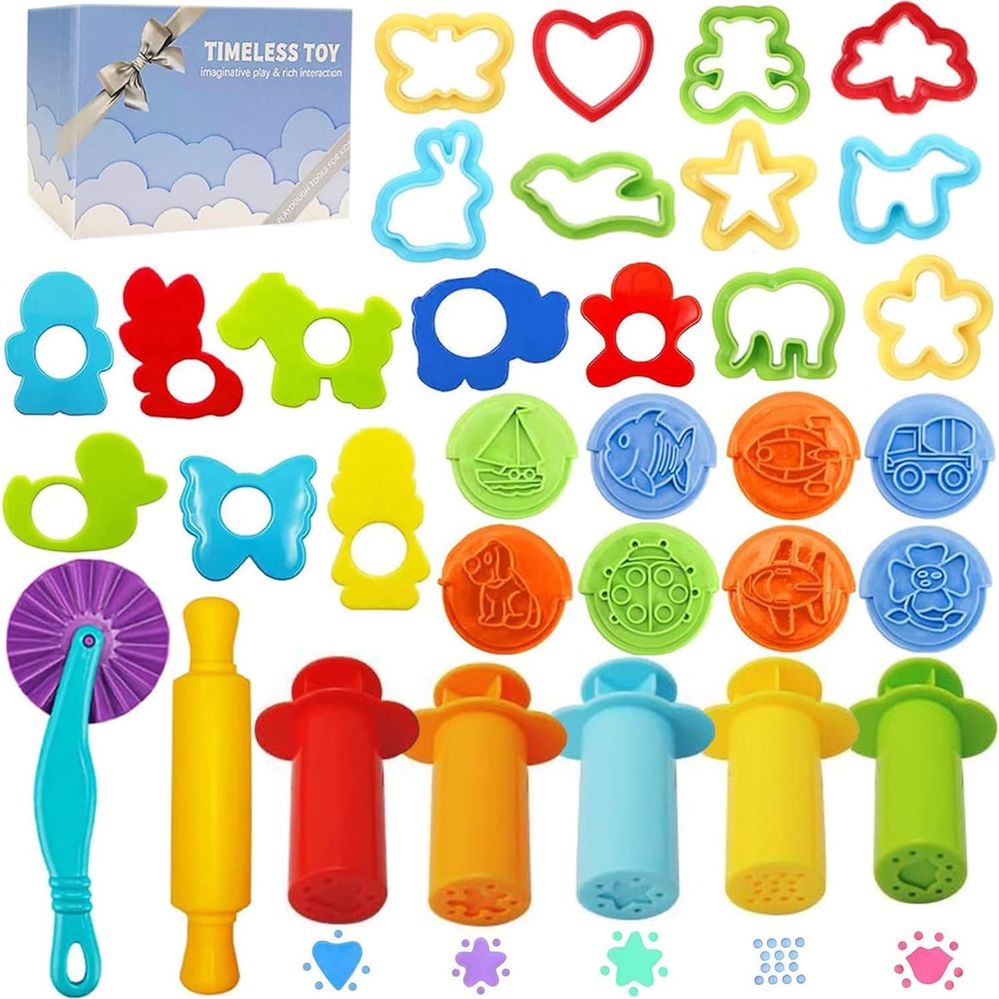 Dough Tools Play for Kids, Toy Set Accessories with Stamps, Cutter Rolling Pin Extruder,, Molds and Storage Box Pary, Favors Set for Age 2-8