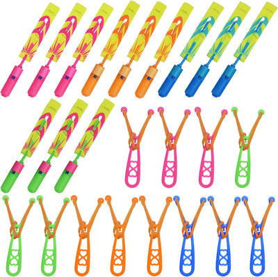 Rocket Slingshot Flying Toys with Led Lights, 12 Pcs Slingshot Toy for Kids, Summer Outdoor Game LED Slingshot with 12Pcs Launchers + 12Pcs Arrow Helicopters, Glow in The Dark Kids Party Supplies