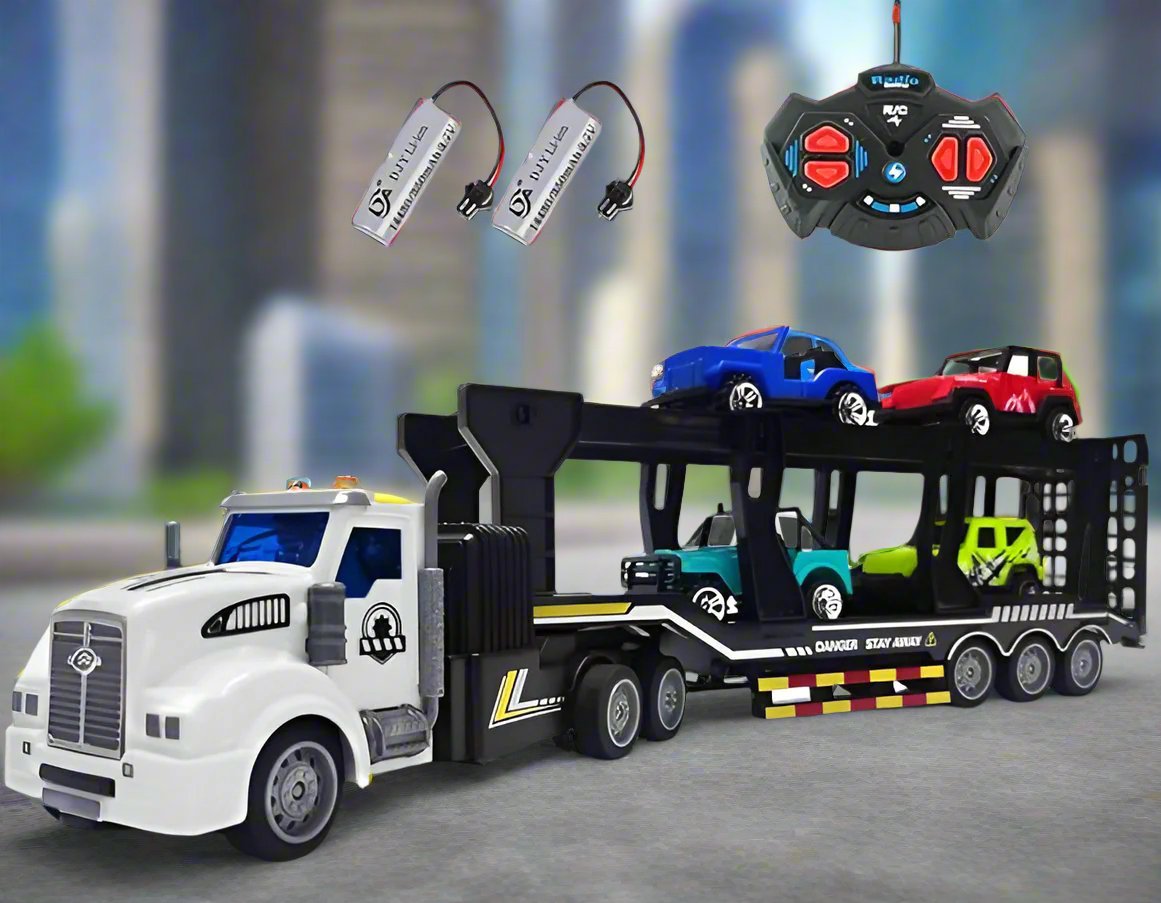 Transporter Truck, Remote Control Car Transporter Truck Includes 4 Cars, 1:48 Mini RC Toy Semi Truck Trailer with 2pcs Rechargeable Batteries, Carrier Car Truck Vehicle with Lights for Kids - Toyigo