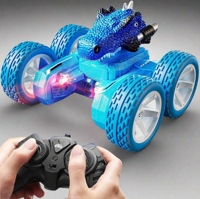 Dinosaur Remote Control Stunt Car, Stunt Car with One Key Demo, 360øRotation, Electric Hobby RC Car, Tyrannosaurus for 3 4 5 6 7 8 Year olds Kids Boys Girls-Blue - Toyigo