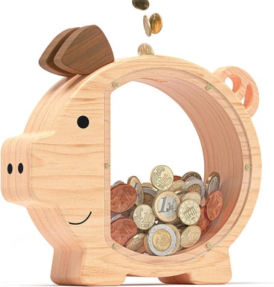 Wooden Piggy Bank for Kids, Cute Money Box for Boys and Girls, Unbreakable Wood Coin Bank, Creative Saving Money Jar Personalized Gifts for Child Birthday Gift & Dcor