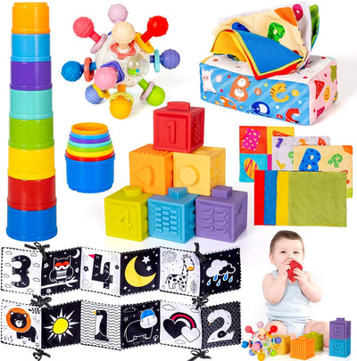 Montessori Toy for Babies, 5 in 1 Sensory Infant Toy, Development Learning Teething Toy, Stacking Building Blocks, Tissue box toy, Soft baby book, Montessori Toy for 0-6-12 Months, Toddlers 1 2 3 Year Old Girl Boy Gift - Toyigo