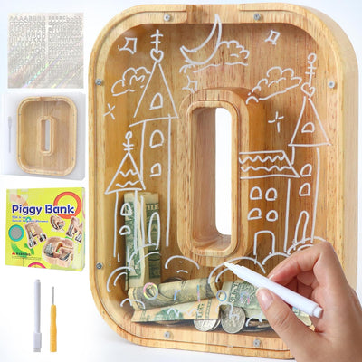 Large Letter Piggy Bank, Kids Boys Girls Wooden Personalized Piggy Banks, A-Z with Target Area Clear Alphabet Banknote Coin Banks, Gift Decoration Baptism