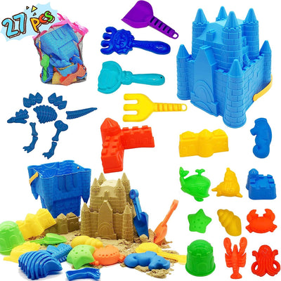 Beach Sand Toys, 27pcs Beach Toys Castle Molds Sand Molds, Beach Bucket, Beach Shovel Tool Kit, Sandbox Toys for Toddlers, Beach Accessories Outdoor Indoor Play Gift 1 Bonus Mesh Bag  for Kids