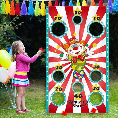 Carnival Games for Kids, Circus Games for Kids Party, Carnival Clown Toss Game Banner with 3 Bean Bags for Kids and Adults, Carnival Party Activities Carnival Party Decoration Supply Set