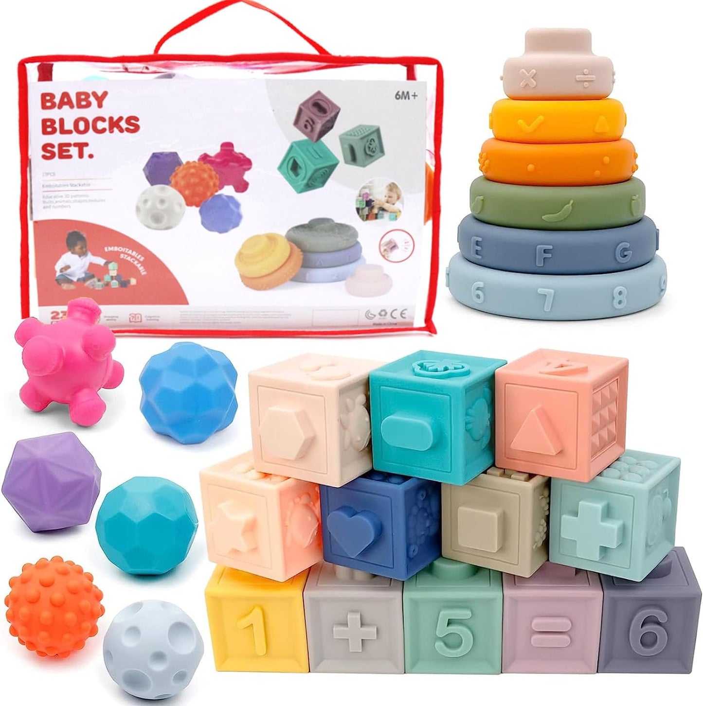 Early Development Learning Toys, Montessori Toys for Babies 6-12 Months, 3 in 1 Soft Baby Stacking Blocks Toys Set, Sensory Toys for Toddlers 1-3, Toys for Babies 6 Months - Toyigo