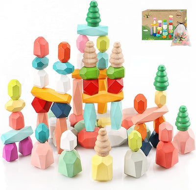 Wooden Stacking Building Blocks, 48PCS Montessori Toys 1 2 3 4 5 6 Year Old Girls Boys Preschool Educational Sensory Toys for Toddlers 1-3 STEM Learning Toys Ages 2-4 Kids Games Gift