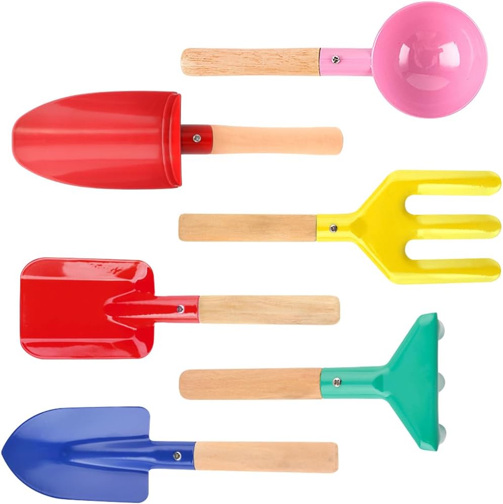 6 Piece Kids Beach Tools, Children Beach Sand Toys, Made of Metal with Sturdy Wooden Handle, Safe Beach Gardening Set, Spoon, Fork, Trowel, Rake & Shovel for Kids