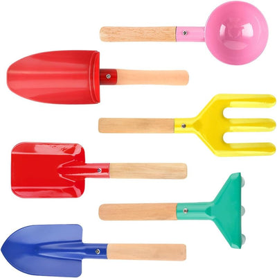 6 Piece Kids Beach Tools, Children Beach Sand Toys, Made of Metal with Sturdy Wooden Handle, Safe Beach Gardening Set, Spoon, Fork, Trowel, Rake & Shovel for Kids