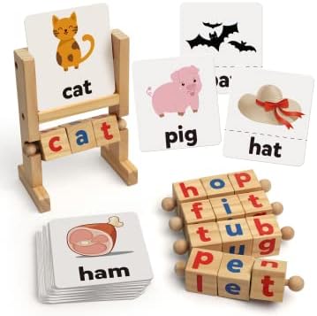 Wooden Reading Blocks Short Vowel Rods Spelling Games, Flash Cards Turning Rotating Letter Puzzle for Kids, Site Words Montessori Spinning Alphabet Learning Toy for Preschool Boys Girls - Toyigo