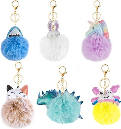 Cute Animal Pom Pom Keychain with Faux Fur Fluffy Balls Key Ring for Women Girls Bag Accessories (Style B)