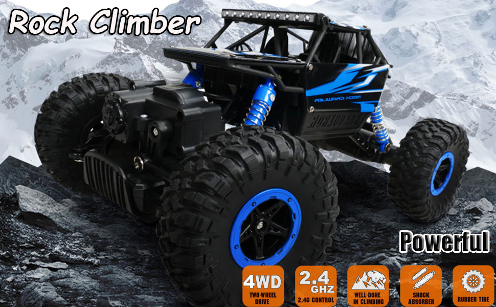 Remote Control Car, 2.4Ghz 4WD All Terrain RC,  Rock Crawler Monster Truck With 2 Batteries, Remote Control Car for Kids Boys, Blue - Toyigo