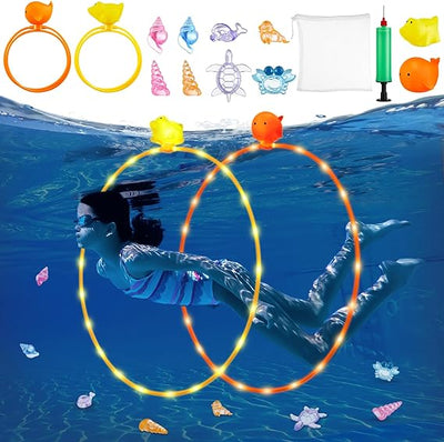 Swimming Pool Toys, 14Pcs Diving Toys Swim Through Rings Gems Diving Toy for Kids Ages 3-12, Diving Practice, Floating Toys for Kids Pool, Pool Floats Accessories for Water Sport