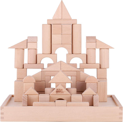 Wooden Building Block Set, Toddler Natural Wood Block Montessori Learning Toy, Large Hardwood Stacking Brick Castle Unit, Preschool Classroom Gift 2 3 4 5 6 8 Year Old Boy Girl Kids Toys