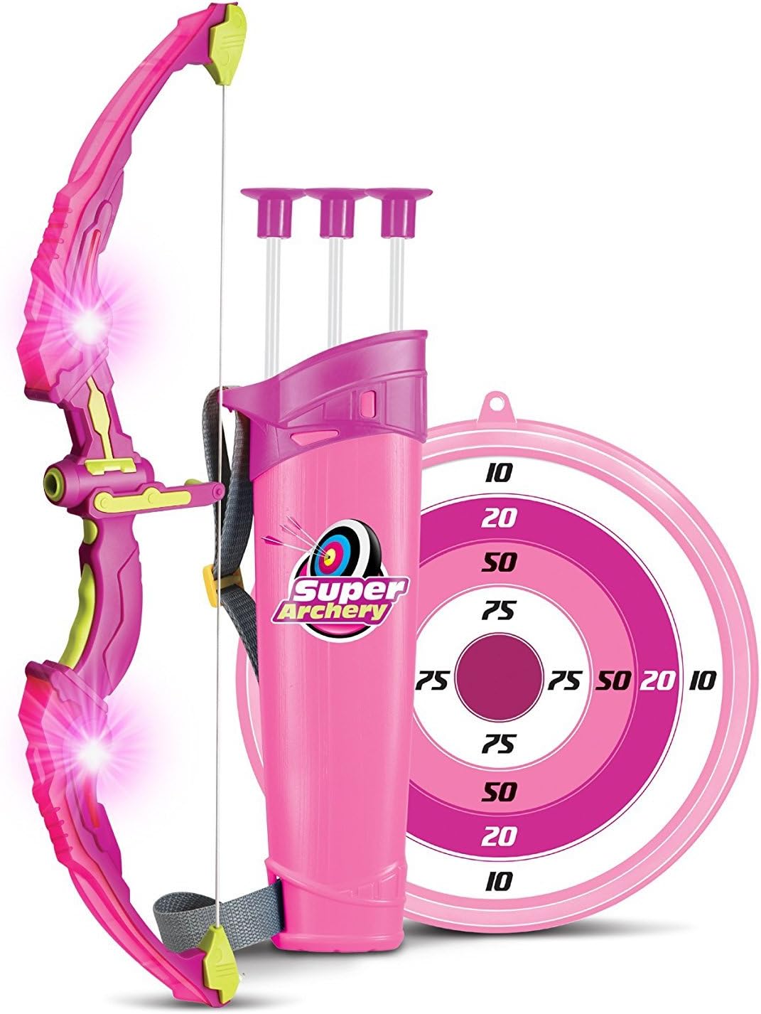 Kids Bow & Arrow Toy, Princess Basic Archery Set Outdoor Hunting Game with 3 Suction Cup Arrows, Target & Quiver, Pink,includes 1 x luminous bow