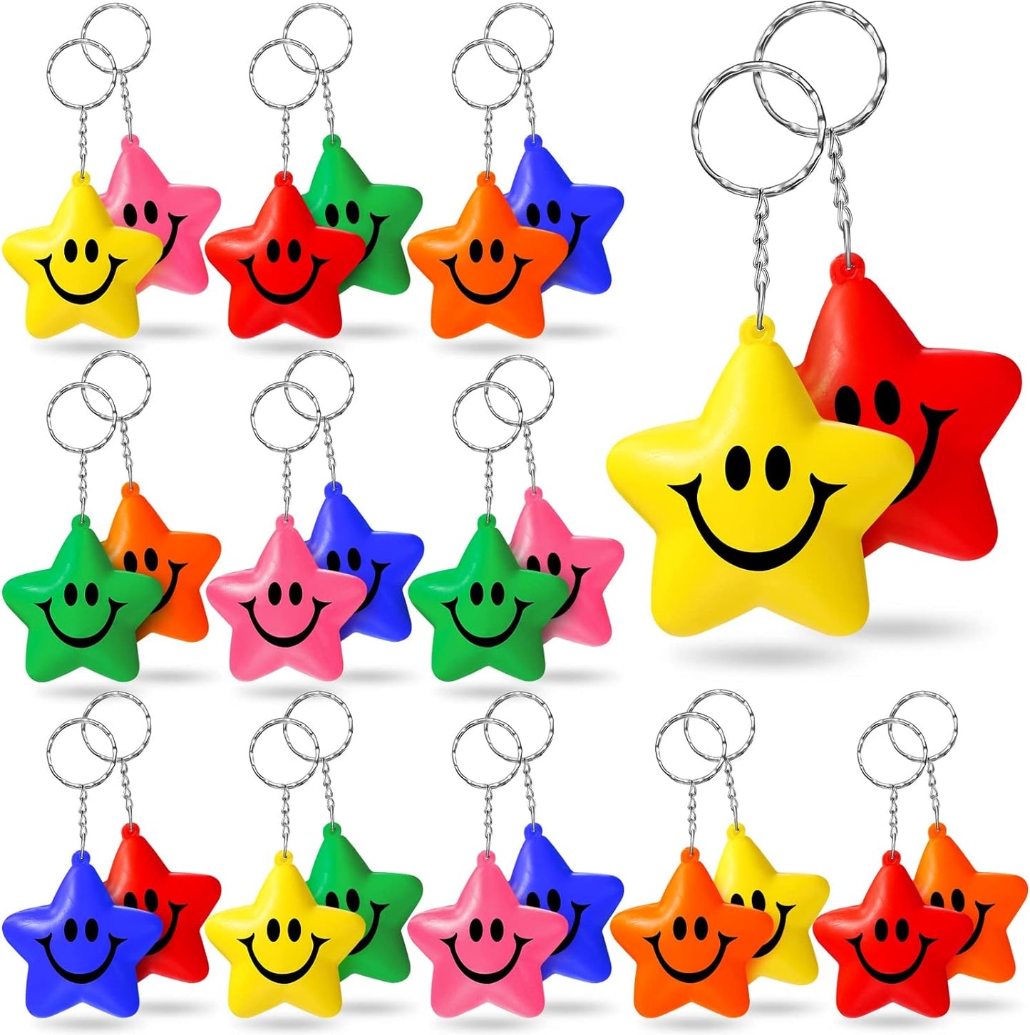 24 Pieces Star Stress Ball Keychains Smile Face Mini Foam Ball Chains for Kids Valentine Classroom Exchange Gifts Adults School Carnival Classroom Student Rewards Party Bag Fillers (Colorful)