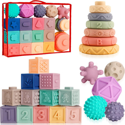 Early Development Learning Toys, Colorful Soft Stacking Blocks,  3 in 1 Montessori Toys, Sensory Toys & Stacking Rings with Patterns, Numbers, Learning Toys for 6-12-18 Months Infant Toddler - Toyigo