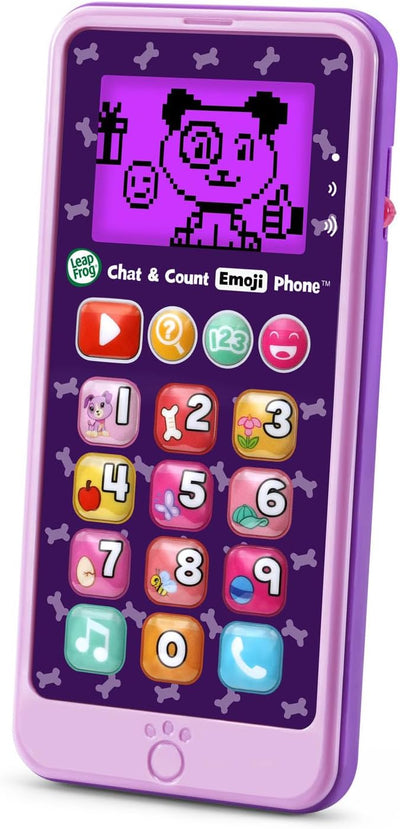 Educational toy, Chat and Count Emoji Phone, interactive learning, Purple bilingual, Spanish and English, alphabet, numbers, colors, shapes, quizzes, memory skills, spelling, logic ability,Toys for Kids