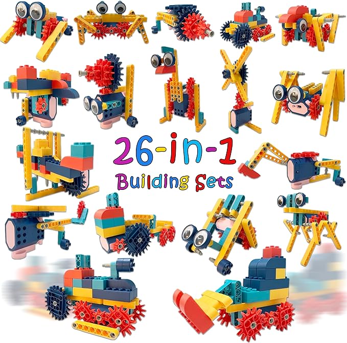 Large Particles Electric Drive Building Blocks Toys, 26-in-1 116Pcs Stem Kits Erector Sets Engineering Take Apart Assembly Tinker Toys for Boys Kids Children Age 6+