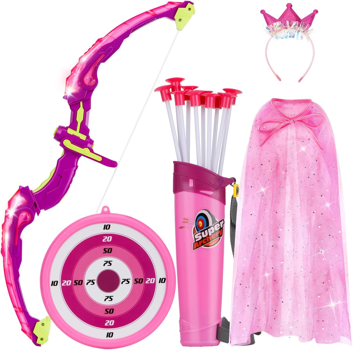 Kids Bow and Arrow Set, LED Light Up Archery Set, Princess Toys with Cape and Crown, 10 Suction Cup Arrows, Bow and Arrow, Indoor and Outdoor Kids Girl Toys for 3 4 5 6 7 8 Year Old