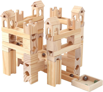 Wooden Marble Run includes 80 Wood Building Blocks Toys and 30 Colorful Glass Stones DIY Marble Maze Wood Marble Track Wooden Ramp Track Construction Set STEM Learning Toys for Gift