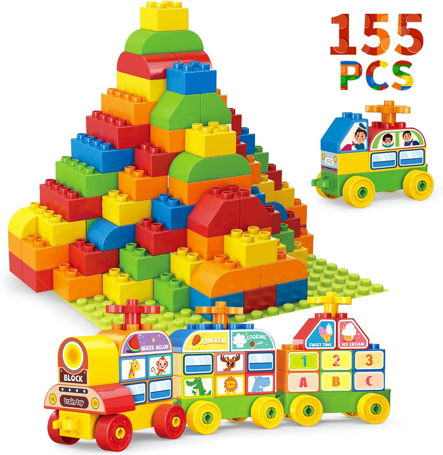 Building Blocks for Toddlers 2-4 Years, Big Classic Building Bricks with A Baseplate, 155 Pieces Large Blocks, Compatible with All Major Brands