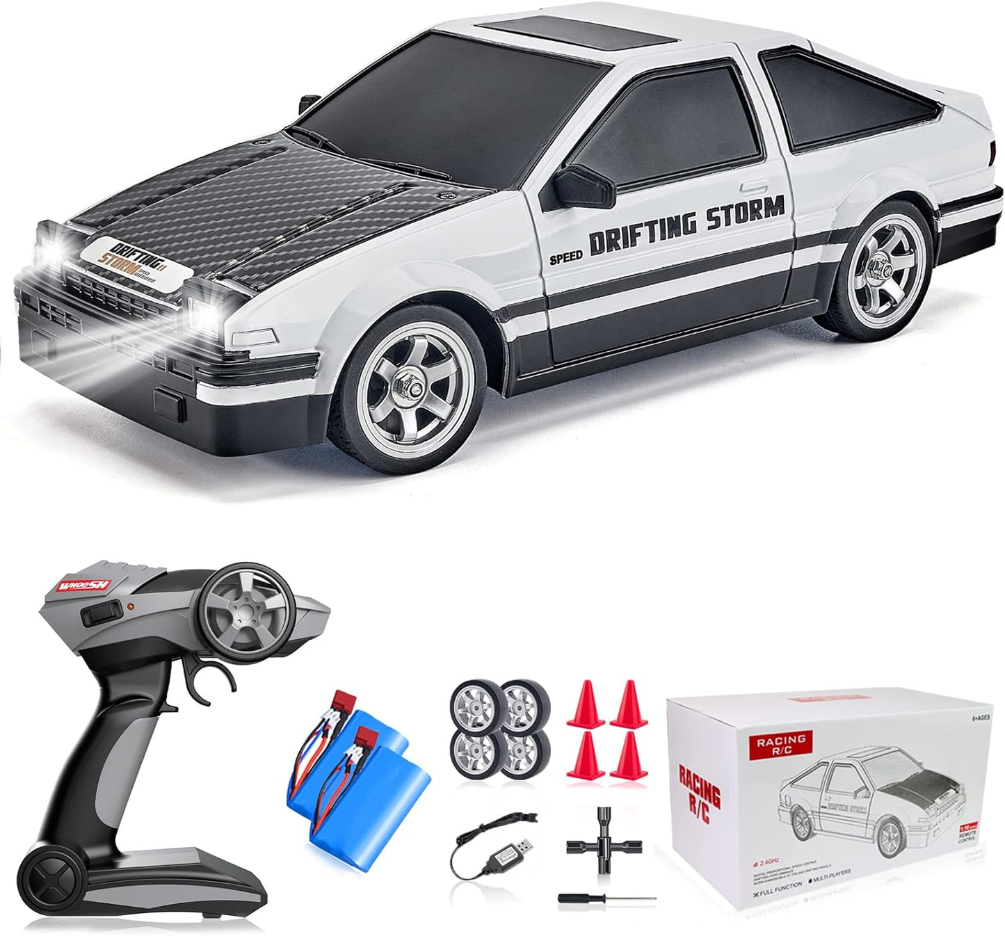 Remote Control Car, RC Drift Car 2.4GHz 1:16 Scale, 4WD 18KM/H High Speed Model, Vehicle with LED Lights, Spray Rubber Tire Racing Sport Toy Car