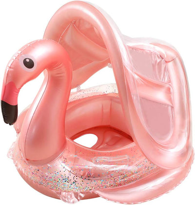 Baby Pool Float with Canopy, Inflatable Flamingo Swimming Pool Float Swimming Ring with Safety Seat for Kid 4-48 Months for Kids