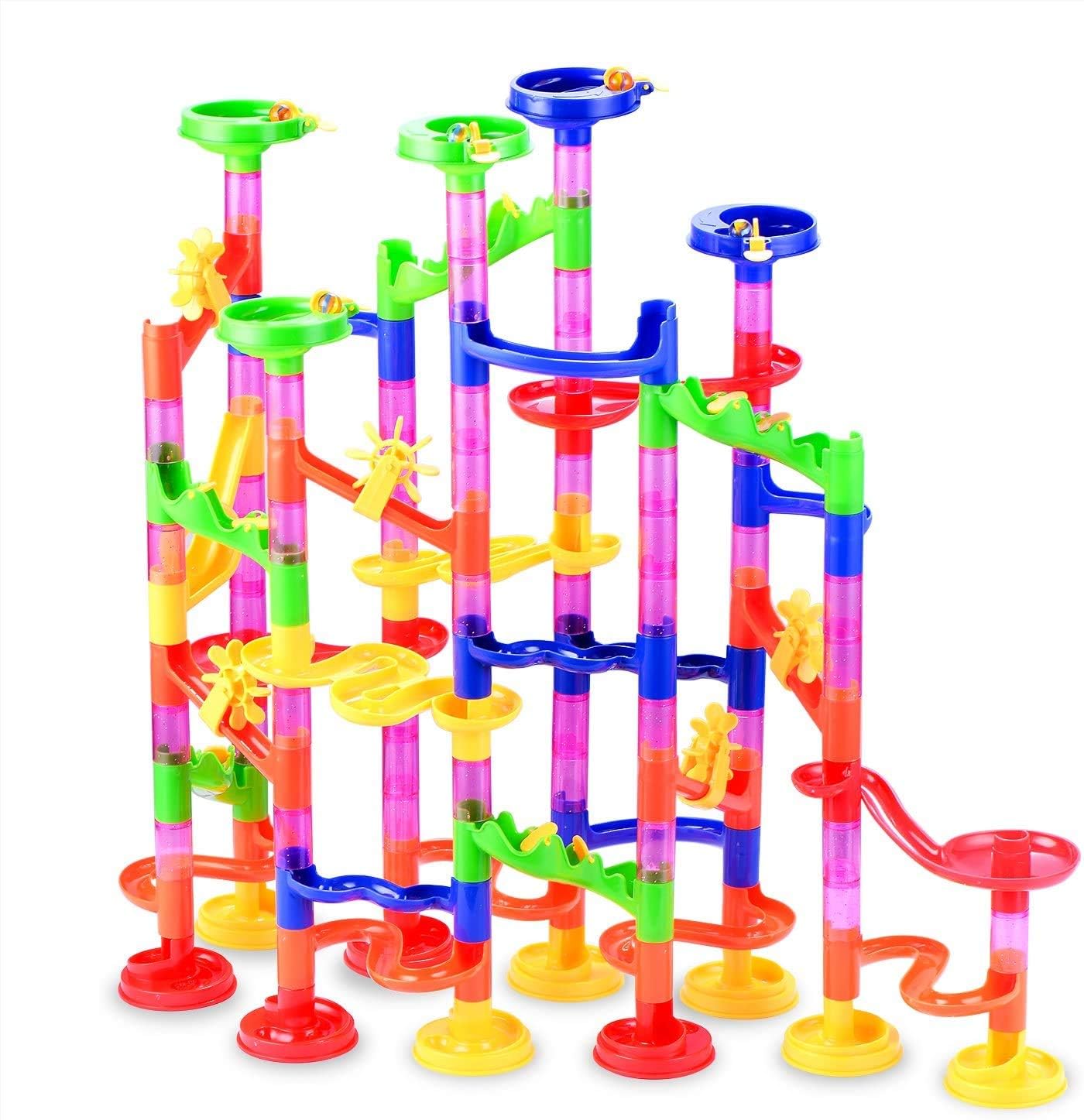 Marble Run Toy, 130Pcs Educational Construction Maze Block Toy Set with Glass Marbles for Kids and Parent-Child Game