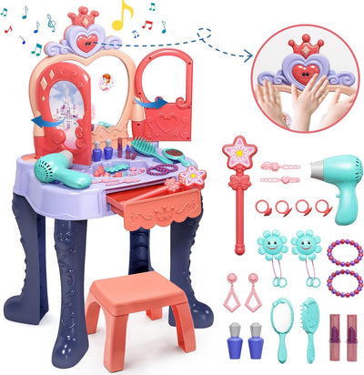 Toddler Vanity Makeup Table with Mirror and Chair, Open Doors by Gestures, Toddler Kids Vanity Set with Music Sound & Light Magic and Accessories, Girls Vanity for Toddlers 3-5 Years Old