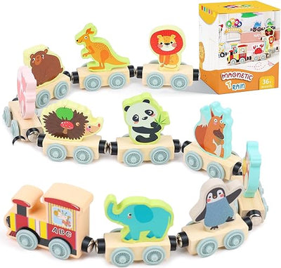 11PCS Magnetic Wooden Animals Train Set, Montessori Toys for Toddlers Toys for Preschool Learning Activities Birthday Kids Boys Girls