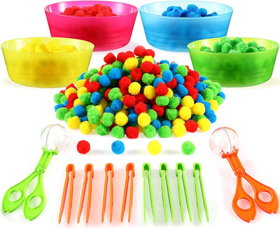 Early Education toy, 138 Pieces Fine Motor Skills Toys, Including 8 Sorting Bowls 2 Scissors Clip 8 Tweezers and 120 Colorful Plush Balls for Ages Over 5, for Early Education and Sorting Counting Training Development - Toyigo