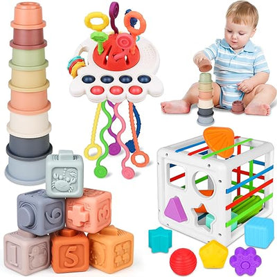 1 Year Old Infant Sensory Bins for Toddlers, 1-3 Pull String Teether Stacking Blocks & Cups, Toys  For 6 9 10 12 Month Old Baby Learning Toy - Toyigo