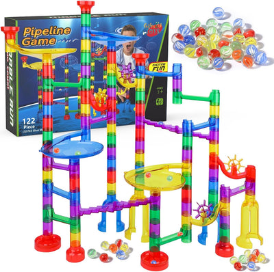 Marble Run Sets Kids, 122 PCS Marble Race Track Game, 90 Translucent Marbulous Pieces + 32 Glass Marbles, STEM Marble Maze Building Blocks Kids 4+ Year Old