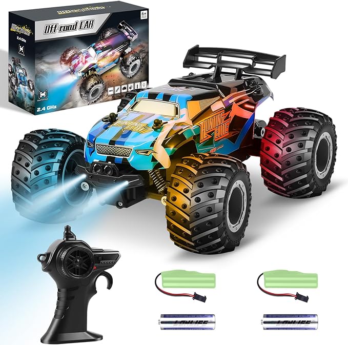 Monster Truck, Remote Control Truck, 2.4Ghz All Terrain Off-Road Monster Truck, Remote Control Car, 20 KM/H Rc Cars with LED Bodylight and 2 Rechargeable Batteries Kids Toys for Boys Age 4-12 - Toyigo