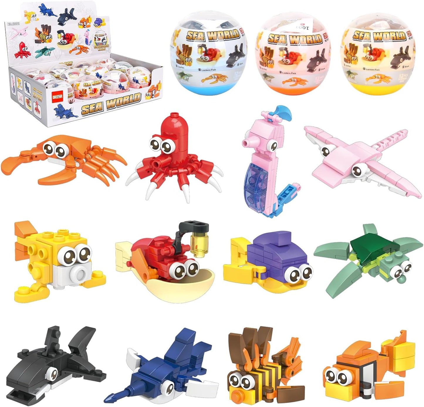 Animal Block Toys, 12PCS Mini Building Blocks Animal, Building Sets Stem Toys, Assorted Mini Animals Building Blocks Sets for Goodie Bags, Prize,Cake Topper, 12PCS Sea Animal Mini Building Blocks, Filled Eggs Toys, Classroom Prize Toys,Cake Topper