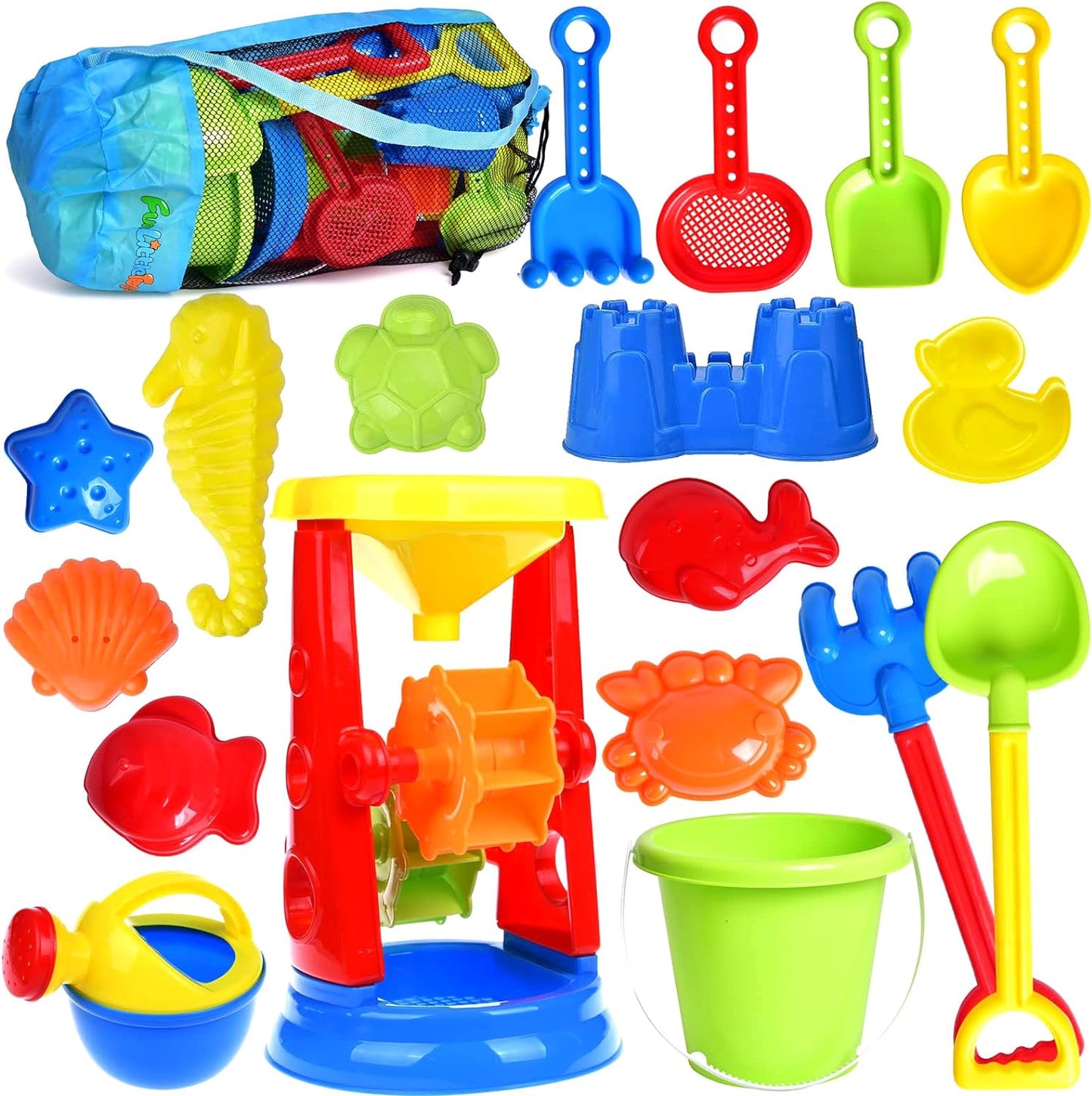 Beach Toys, 19 Piece Sand Toys Set Kids Sandbox Toys, Includes Water Wheel Beach Tool Kit, Bucket Watering Can Molds Sand Toys Mesh Bag for Travel, Beach Toys for Kids Ages 3-13