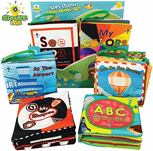 Educational Soft Baby Books, 6 Cloth Book Set for Babies, Early Learning Sensory Development Toys, Crinkle Touch and Feel Toddler Toy, High Contrast Infant Toys, Baby Shower Gift for 0-2 Year Olds - Toyigo