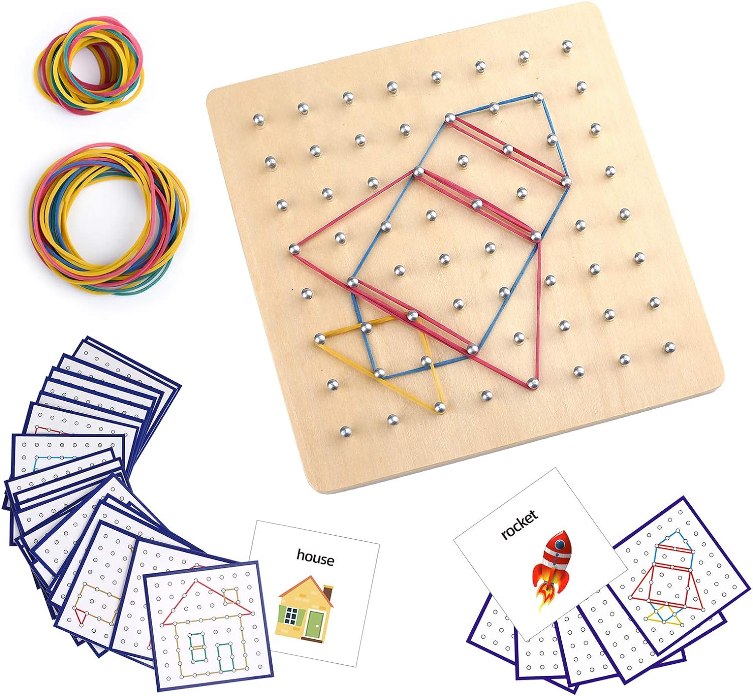 Montessori Wooden Geoboard, Mathematical Manipulative Material, Array Block Toy, Geo Board with 36Pcs Pattern Cards, Rubber Bands Matrix 8x8, Graphical Development Toy, Educational Toys for Kids - Toyigo