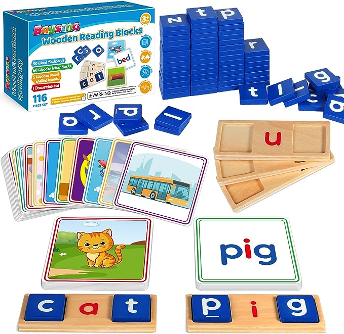 116Pcs Short Vowel Letters Sorting Spelling Reading Toy Set with Double-Sided Flash Cards, Preschool Kindergarten Learning Activities Toy, Learning Toys for 3 4 5 Years Old Kids