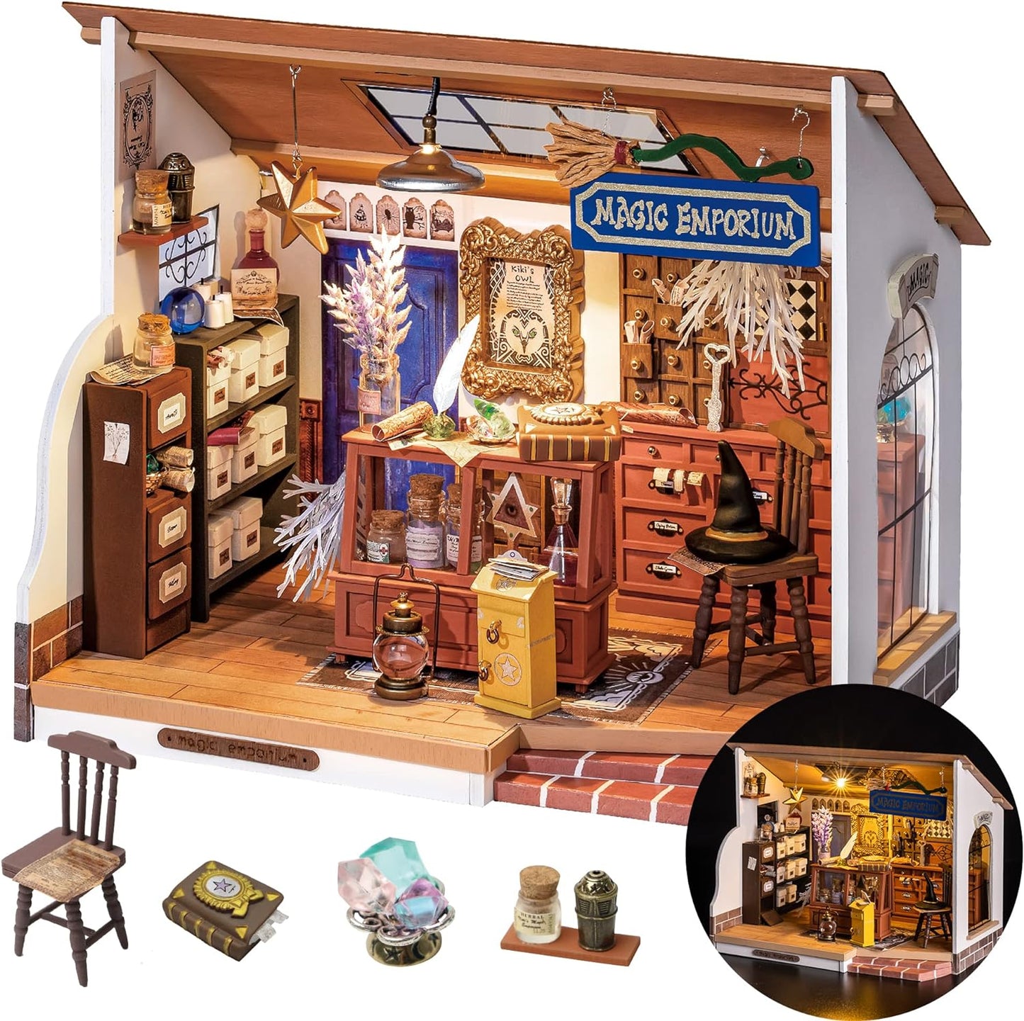 DIY Miniature House Kit Magic House, Tiny House Kit for Adult to Build, Mini House Making Kit with Furniture, Halloween, Christmas Decorations, Gifts for Family and Friends (Kiki's Magic Emporium)