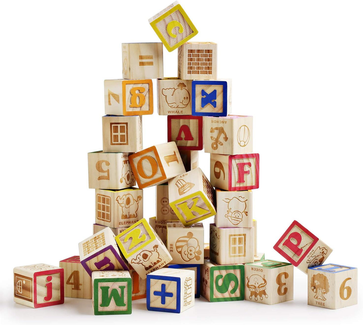 Wooden ABC Blocks 40PCS Stacking Blocks Baby Alphabet Letters, Counting, Building Block Set with Mesh Bag for Toddlers