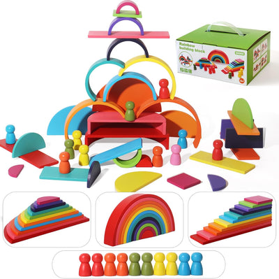 45-Piece Wooden Rainbow Stack Set, 4-in-1 Building Blocks, preschoolers Early Development & Activity Toys, Montessori Toys for Kids 3, 4, 5, 6 Years, Older Gifts for Boys and Girls - Toyigo