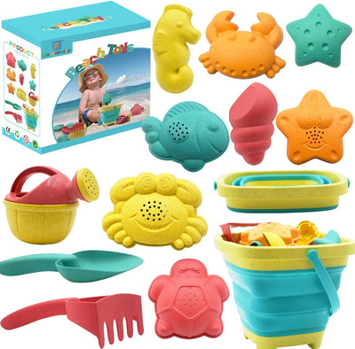 Beach Toys, Sand Toys Set, Includes Collapsible Sand Bucket Shovel and Sand Rake Toys for Beach 12 PCS, Sandbox Toys Sandcastle Building Kit with Waterproof Net (A)  for Kids